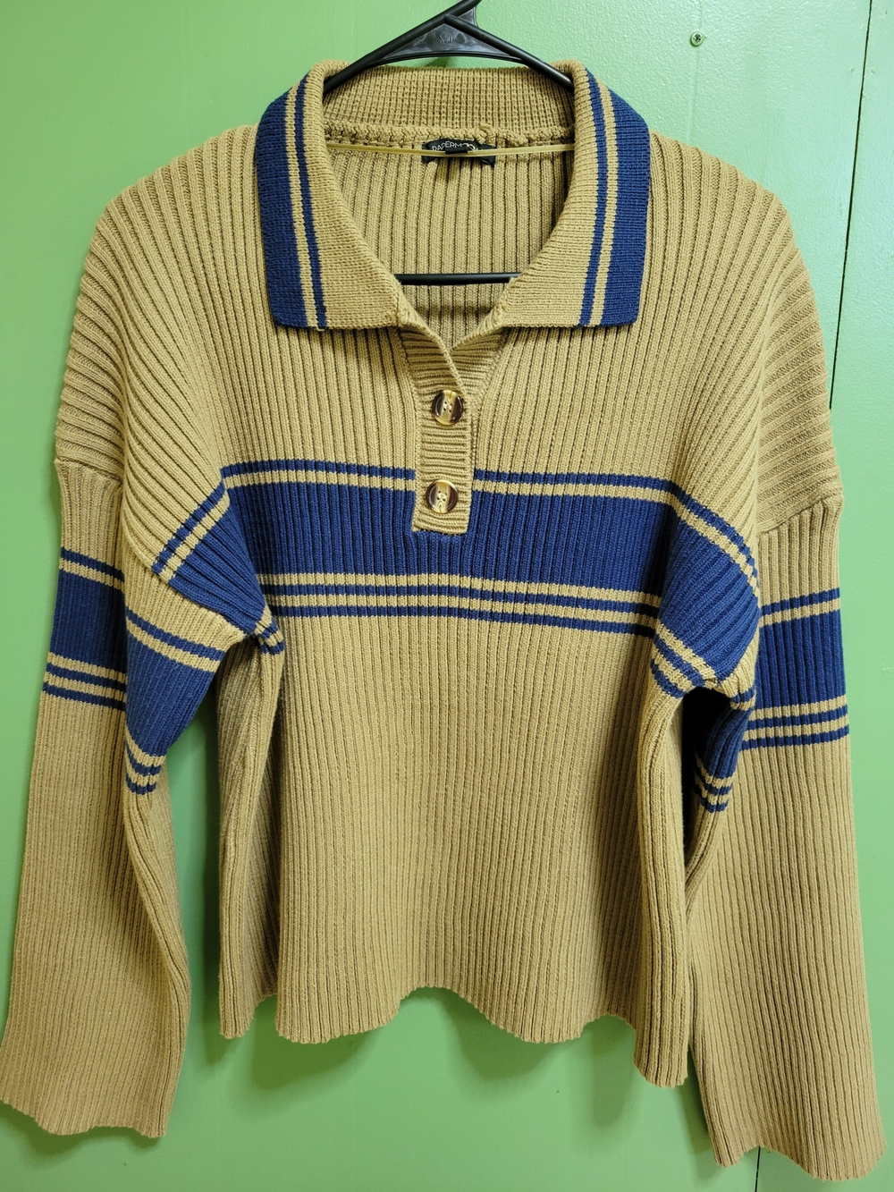 Ribbed Polo Sweater - Dark Mustard with Navy Stripes